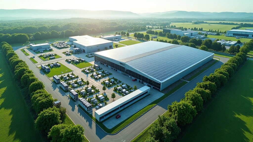 Vue aérienne d'une usine moderne avec panneaux solaires et zones de gestion des eaux, montrant les infrastructures durables