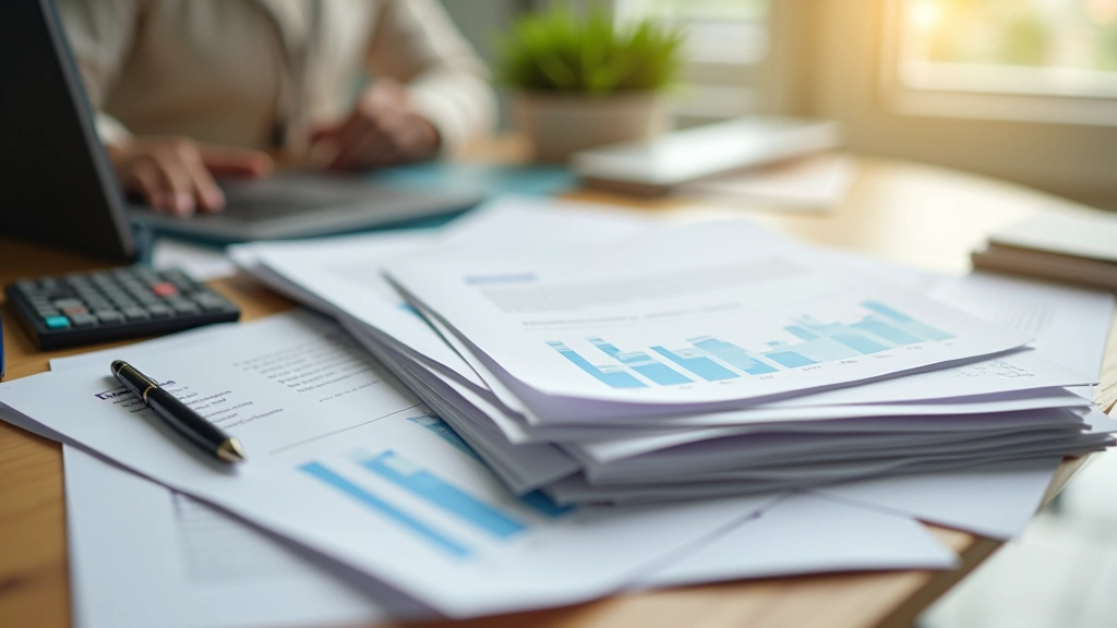 Rapports ESG et documents de durabilité empilés avec des graphiques financiers et un stylo sur un bureau de recherche professionnel