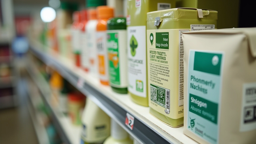 Labels environnementaux variés et certifications de durabilité affichées sur des produits dans un environnement commercial