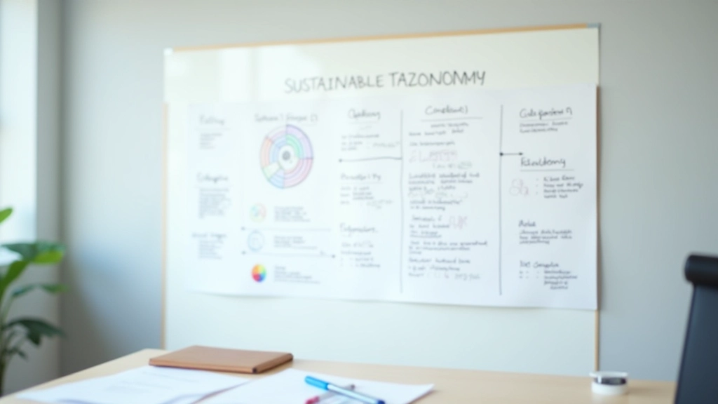 Tableau blanc avec schéma de taxonomie financière et notes de conformité réglementaire